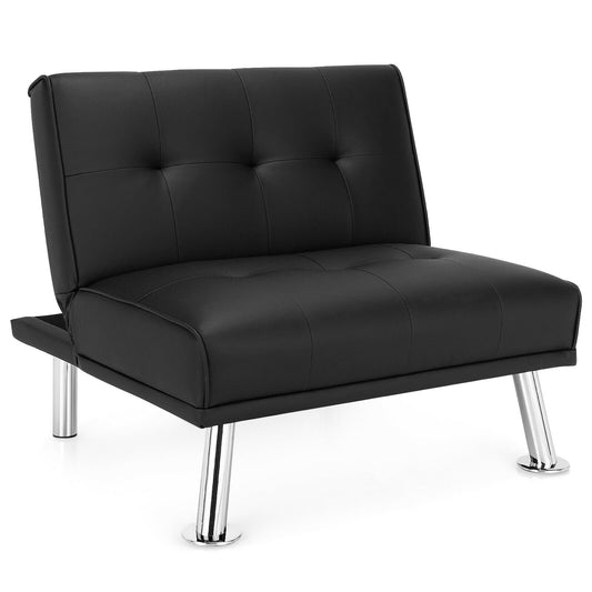 Folding PU Leather Single Sofa with Metal Legs and Adjustable Backrest, Black