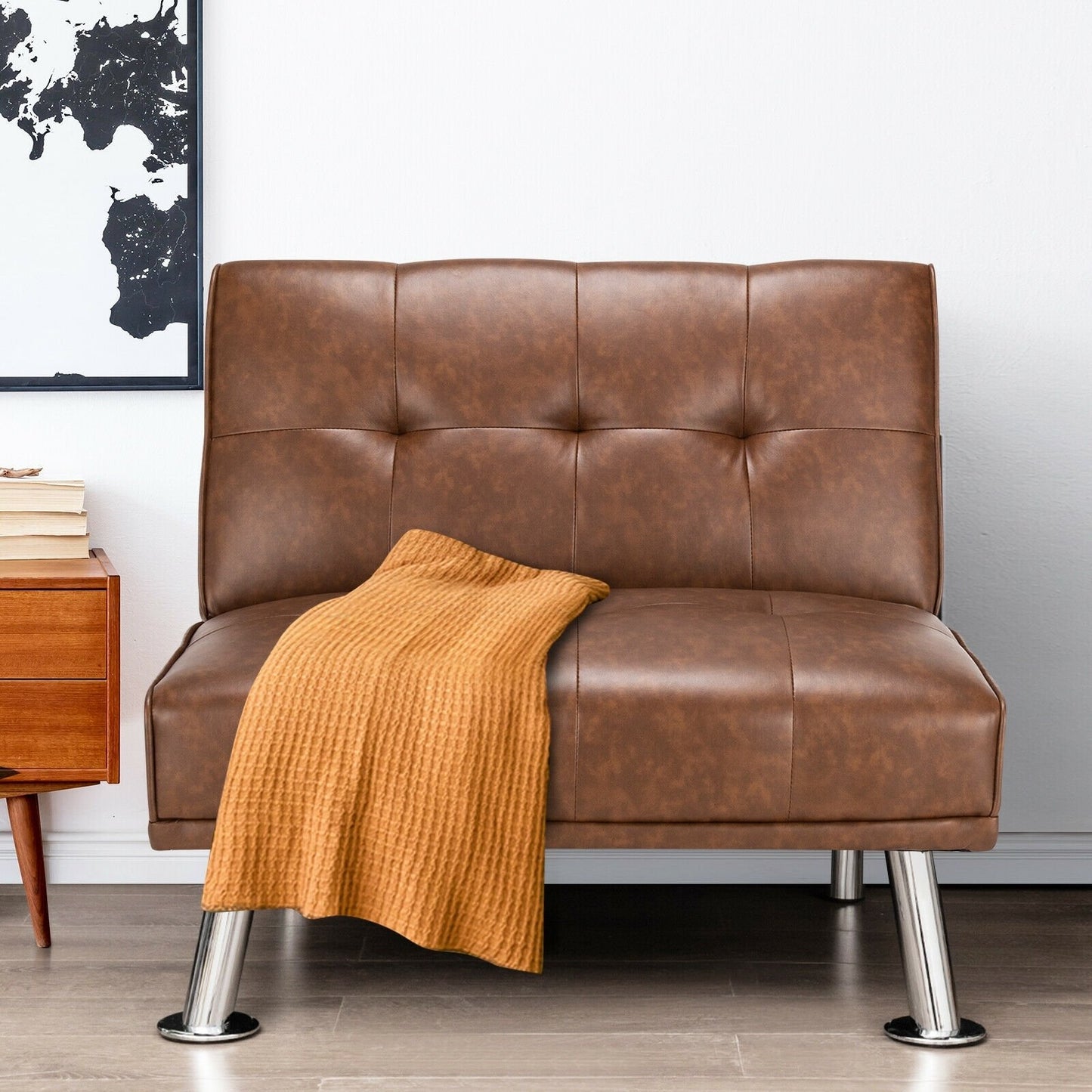 Folding PU Leather Single Sofa with Metal Legs and Adjustable Backrest, Brown at Gallery Canada