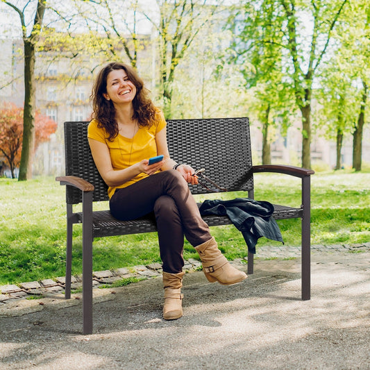 Patio Rattan Wicker Bench with Armrest for Garden, Black Outdoor Benches Black at Gallery Canada