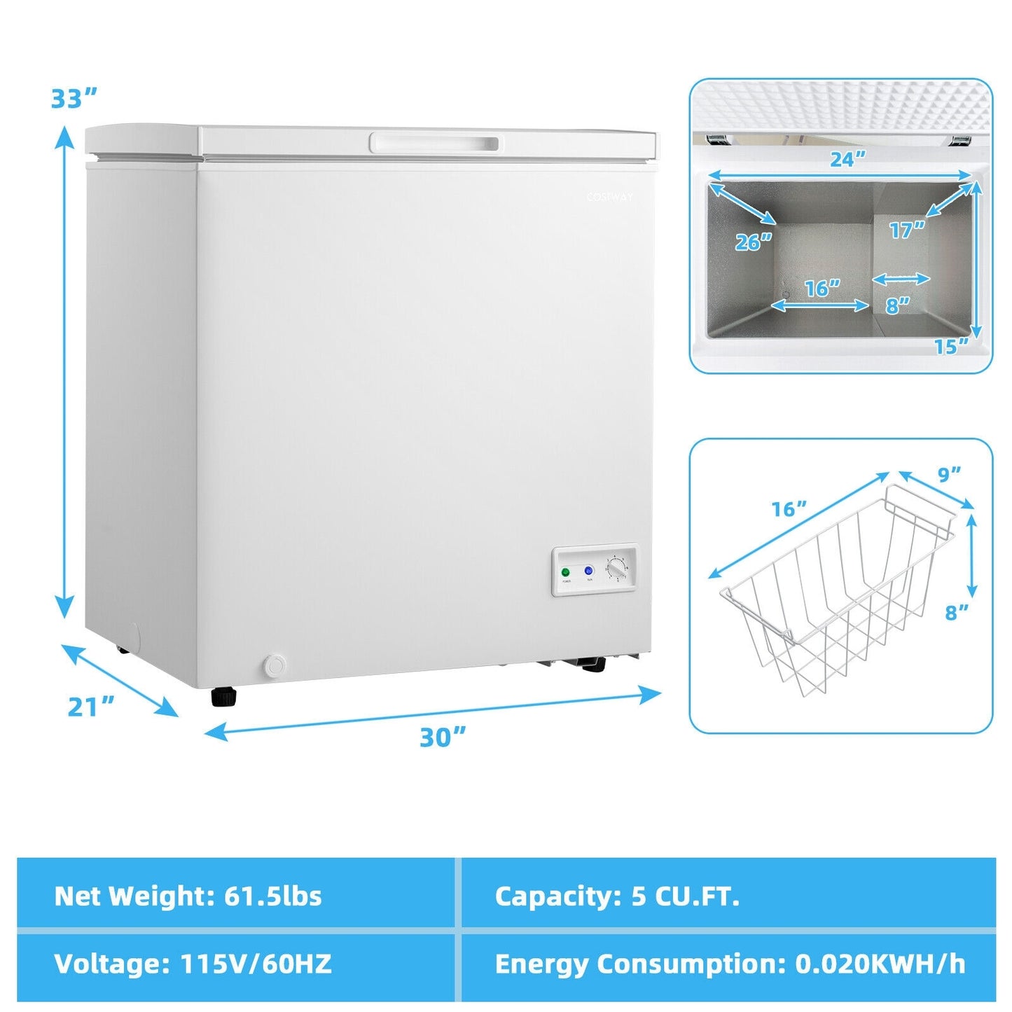 3.5/5 Cu.ft Compact Chest Freezer with Removable Storage Basket-5 Cubic Feet, White Freezers at Gallery Canada