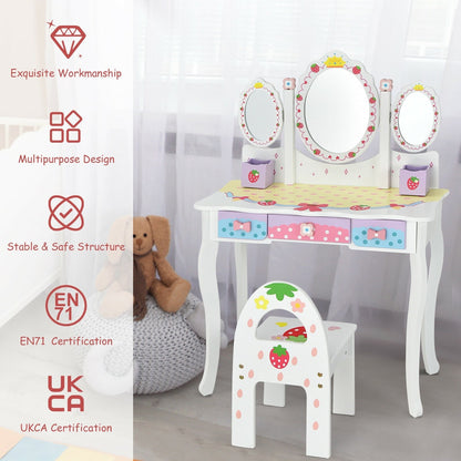 Kids Vanity Princess Makeup Dressing Table Chair Set with Tri-fold Mirror, White