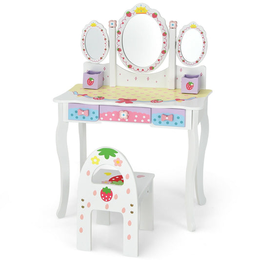 Kids Vanity Princess Makeup Dressing Table Chair Set with Tri-fold Mirror, White at Gallery Canada