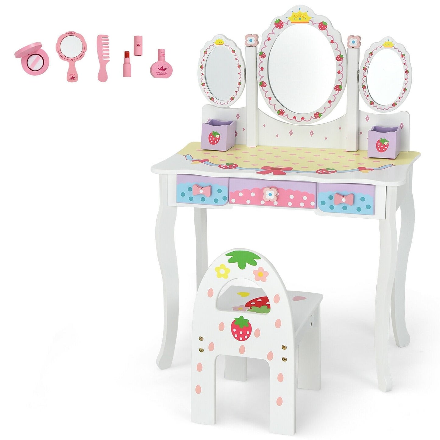 Kids Vanity Princess Makeup Dressing Table Chair Set with Tri-fold Mirror, White