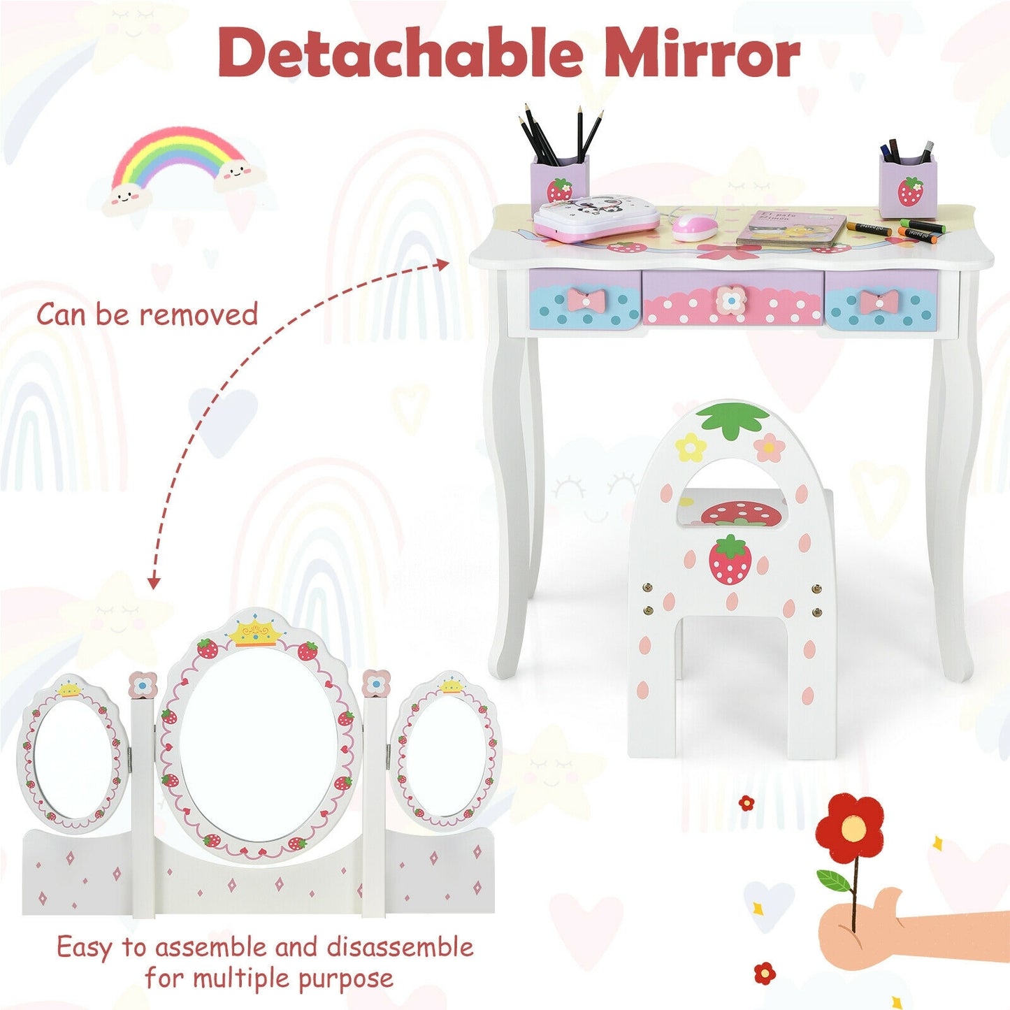 Kids Vanity Princess Makeup Dressing Table Chair Set, White