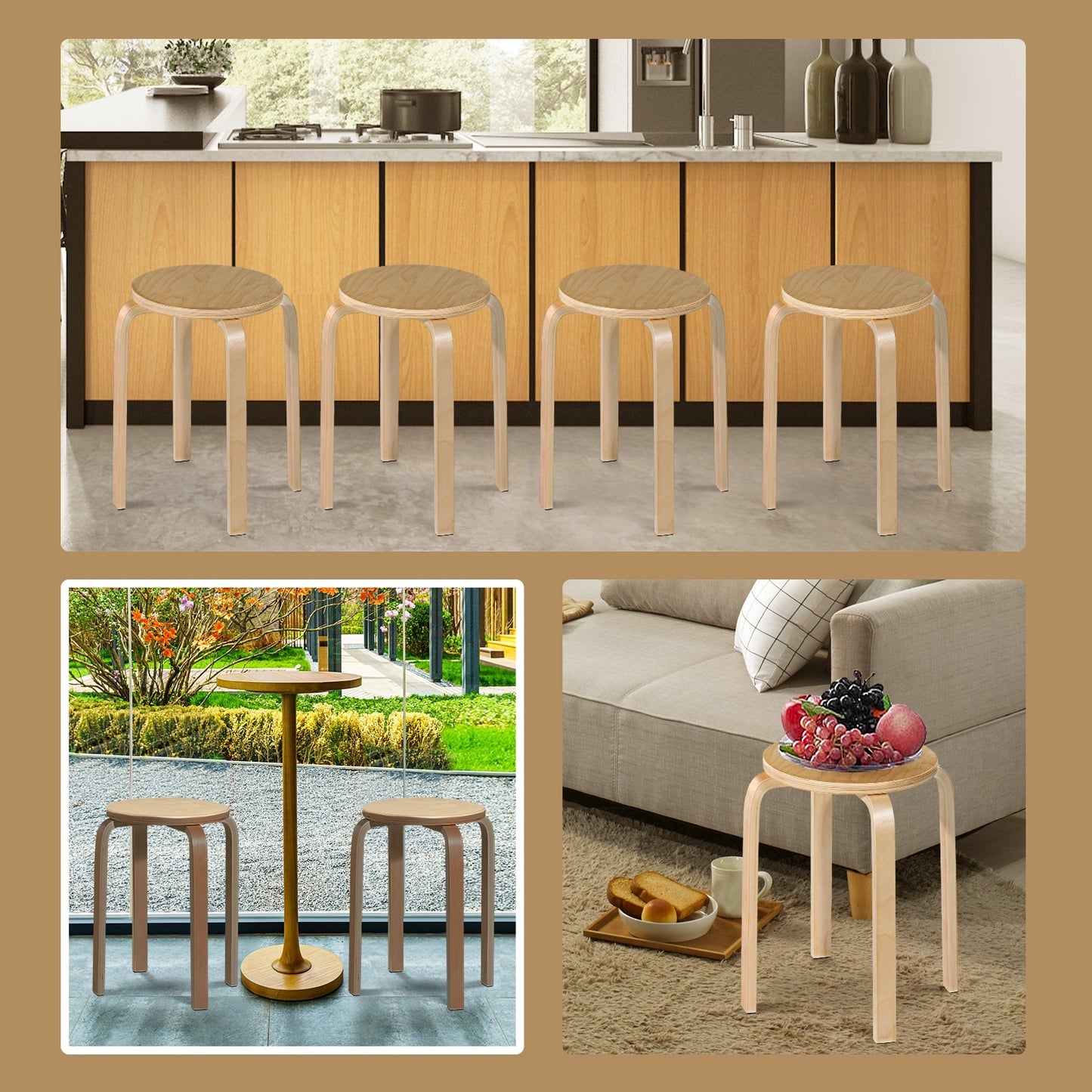 Set of 4 18 Inch Wood Home Backless Dining Chairs, Natural Dining Chairs at Gallery Canada