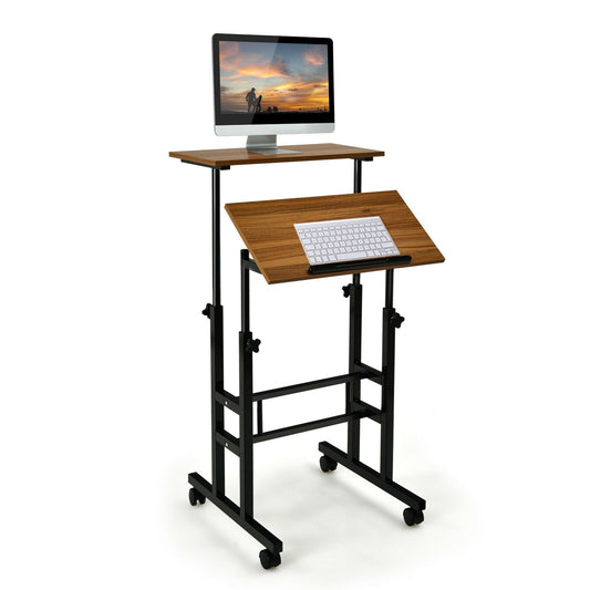 Height Adjustable Mobile Standing Desk with rolling wheels for office and home, Walnut