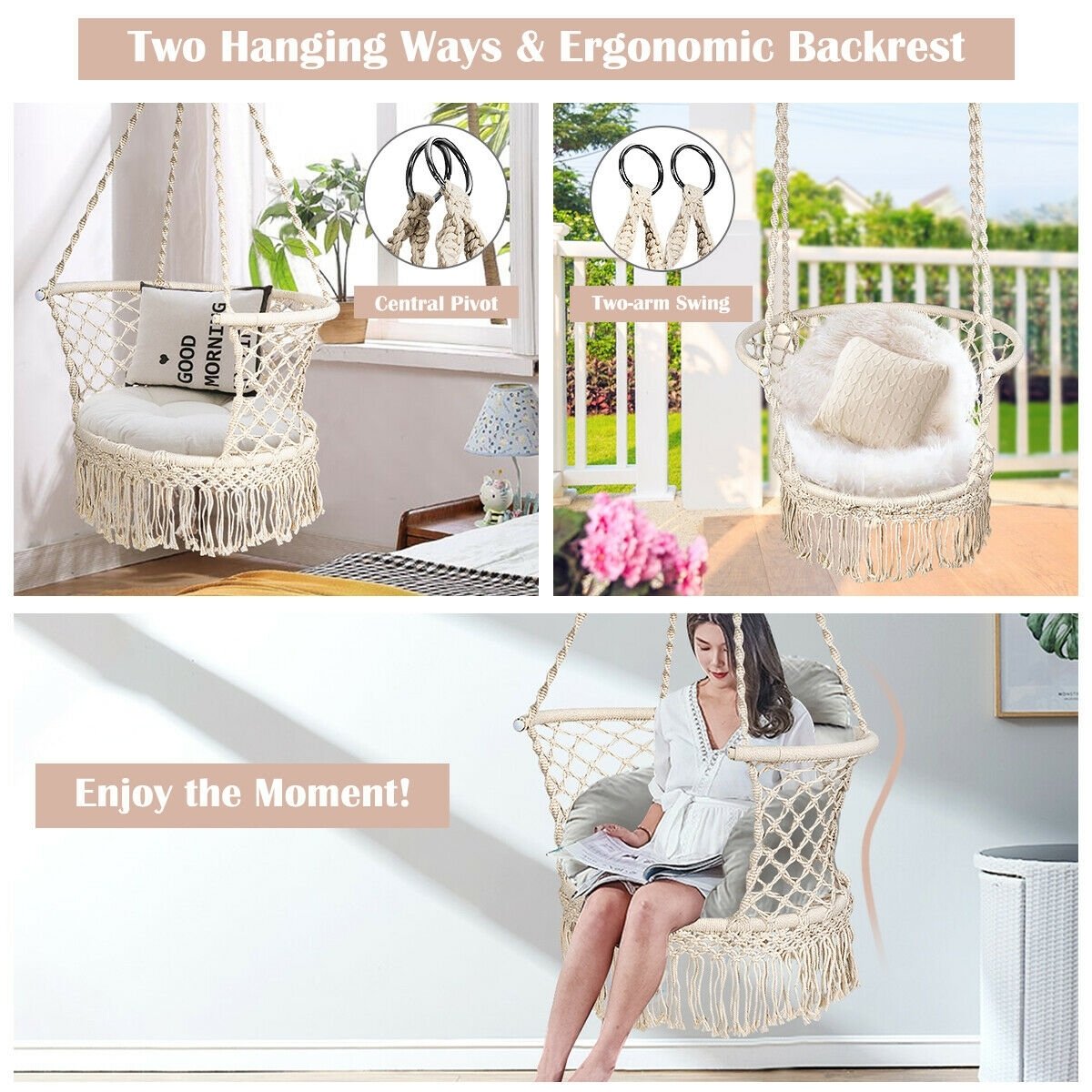 Hanging Hammock Chair Macrame Swing Hand Woven Cotton Backrest, Beige at Gallery Canada