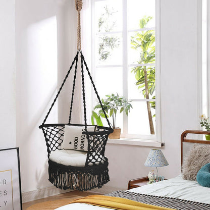 Hanging Hammock Chair Macrame Swing Hand Woven Cotton Backrest, Black at Gallery Canada