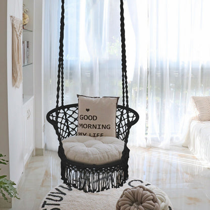 Hanging Hammock Chair Macrame Swing Hand Woven Cotton Backrest, Black at Gallery Canada