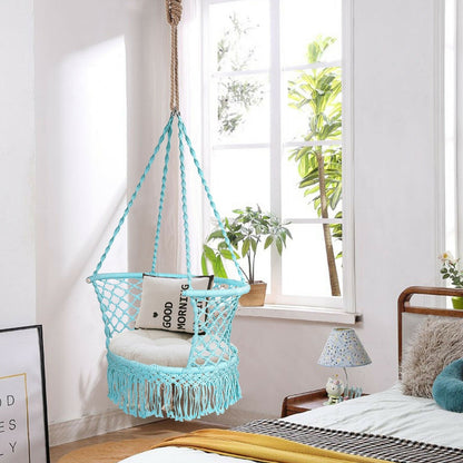 Hanging Hammock Chair Macrame Swing Hand Woven Cotton Backrest, Turquoise