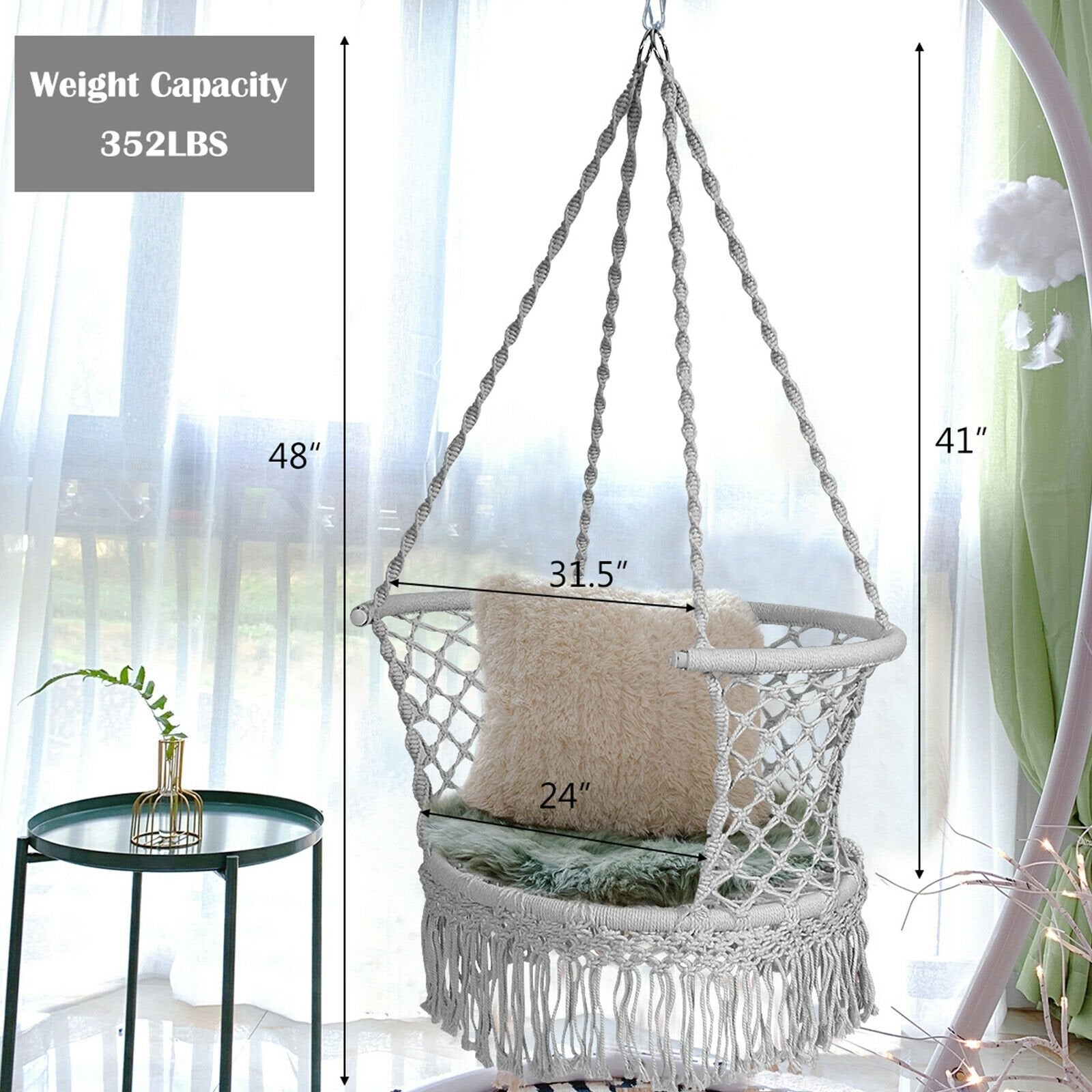 Hanging Hammock Chair Macrame Swing Hand Woven Cotton Backrest, Gray at Gallery Canada