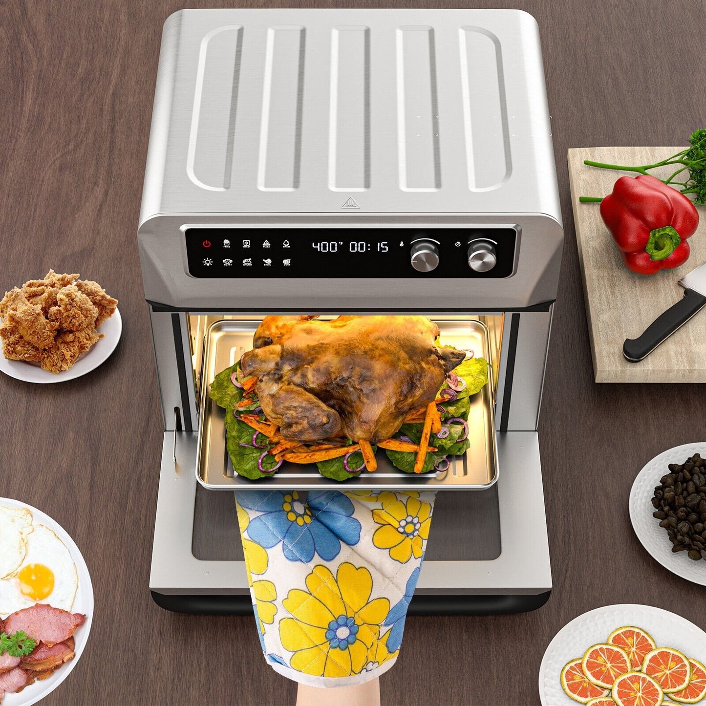 8-in-1  Convection Air Fryer Toaster Oven with 5 Accessories and Recipe, Silver