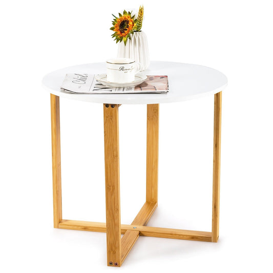 Multifunctional Round Side End Table with Bamboo Legs and X-Shaped Base, Natural at Gallery Canada