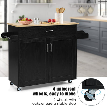 Rolling Kitchen Island Cart with Towel and Spice Rack, Black