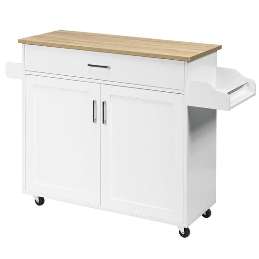 Rolling Kitchen Island Cart with Towel and Spice Rack, White