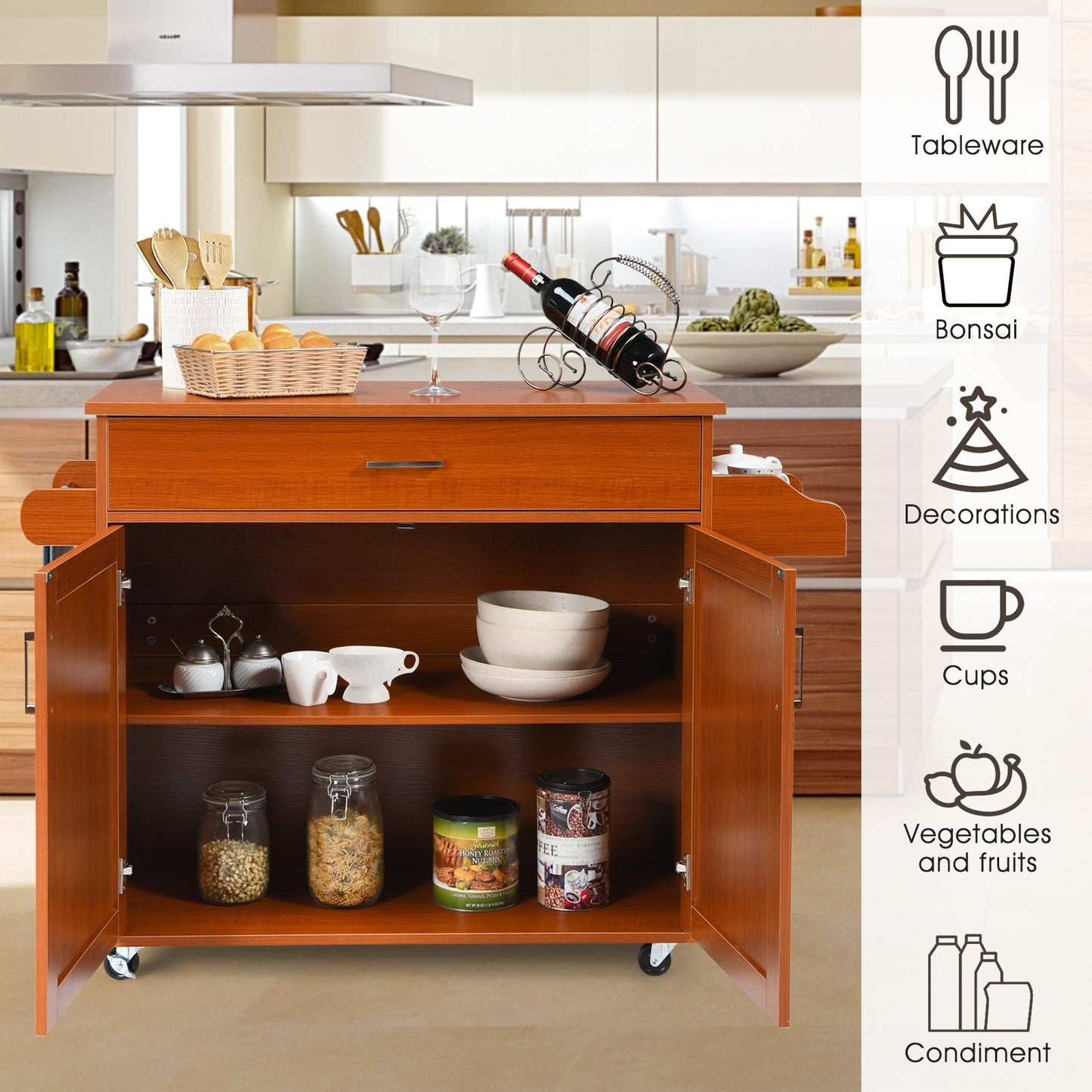 Rolling Kitchen Island Cart with Towel and Spice Rack, Cherry