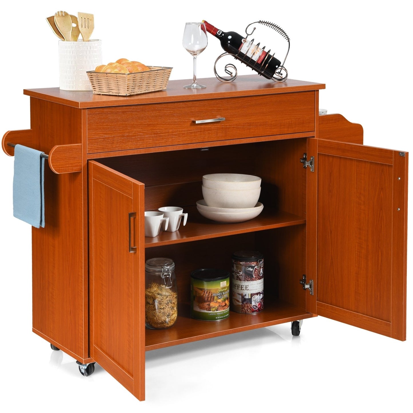 Rolling Kitchen Island Cart with Towel and Spice Rack, Cherry