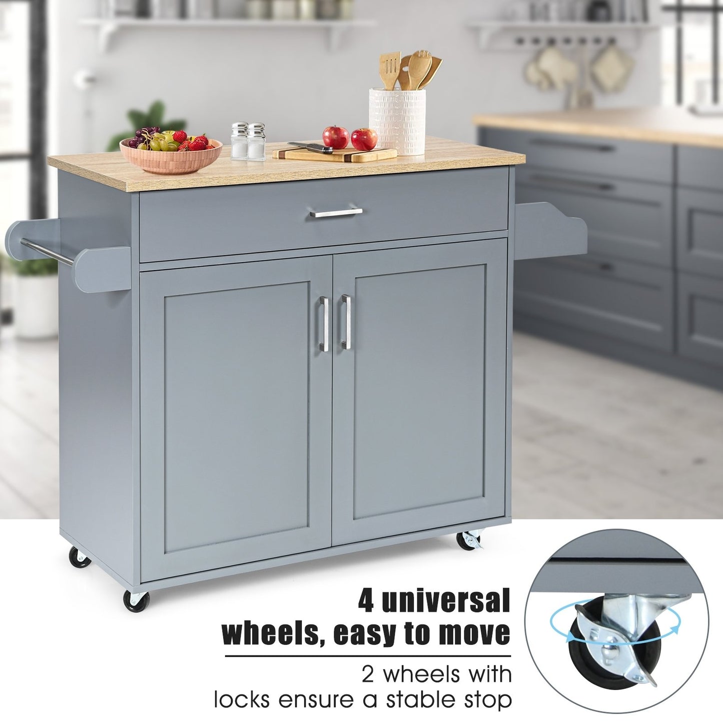 Rolling Kitchen Island Cart with Towel and Spice Rack, Gray