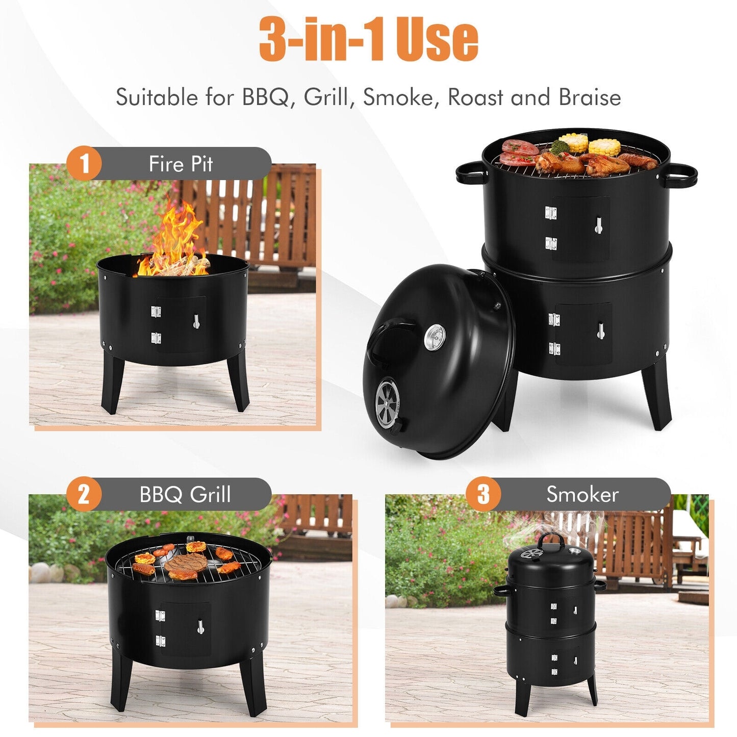 3-in-1 Charcoal BBQ Grill Cambo with Built-in Thermometer, Black Outdoor Grills at Gallery Canada