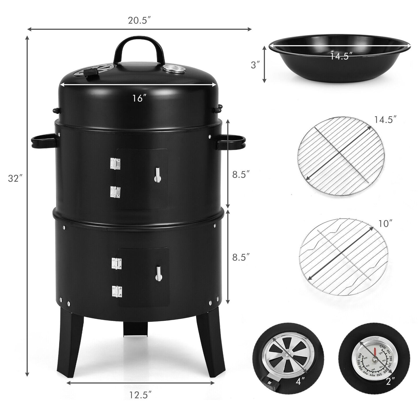 3-in-1 Charcoal BBQ Grill Cambo with Built-in Thermometer, Black Outdoor Grills at Gallery Canada