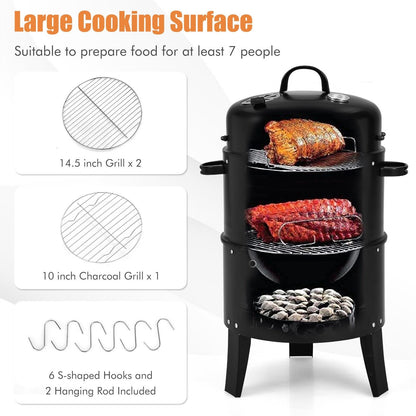 3-in-1 Charcoal BBQ Grill Cambo with Built-in Thermometer, Black