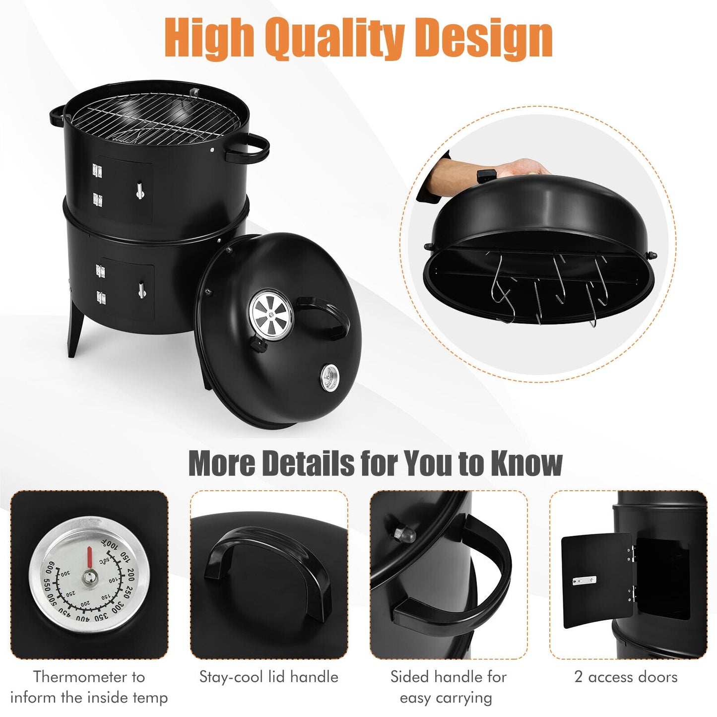 3-in-1 Charcoal BBQ Grill Cambo with Built-in Thermometer, Black Outdoor Grills at Gallery Canada