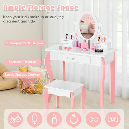 Kids Vanity Princess Makeup Dressing Table Stool Set with Mirror and Drawer, White