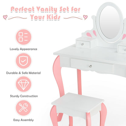 Kids Vanity Princess Makeup Dressing Table Stool Set with Mirror and Drawer, White