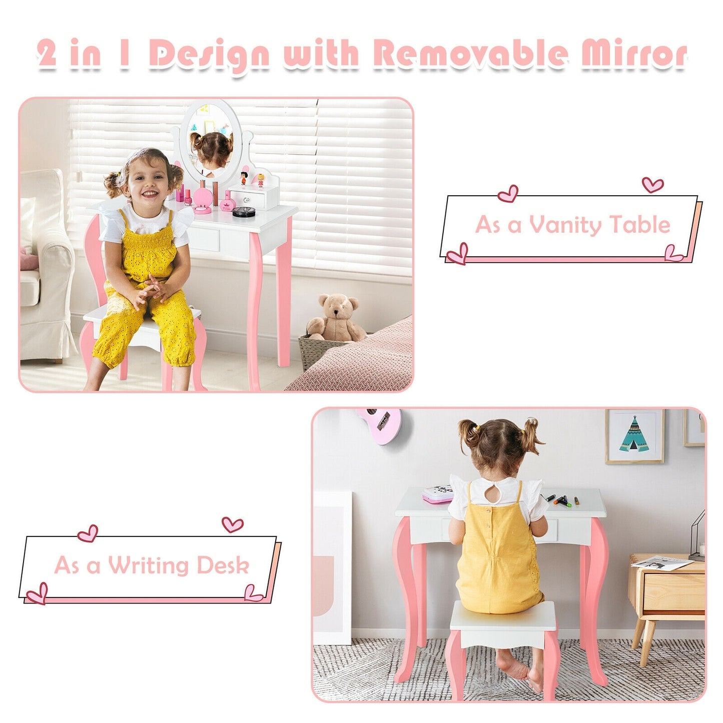 Kids Vanity Princess Makeup Dressing Table Stool Set with Mirror and Drawer, White Kids Vanities at Gallery Canada