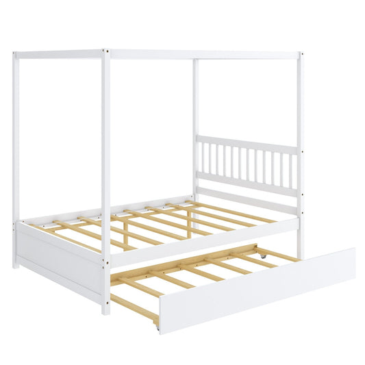 Full Size Canopy Bed with Trundle Wooden Platform Bed Frame Headboard, White