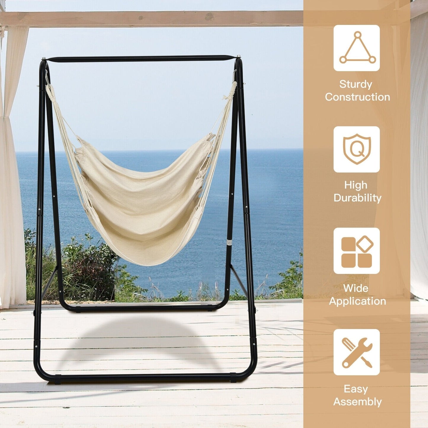 Hanging Padded Hammock Chair with Stand and Heavy Duty Steel, Beige