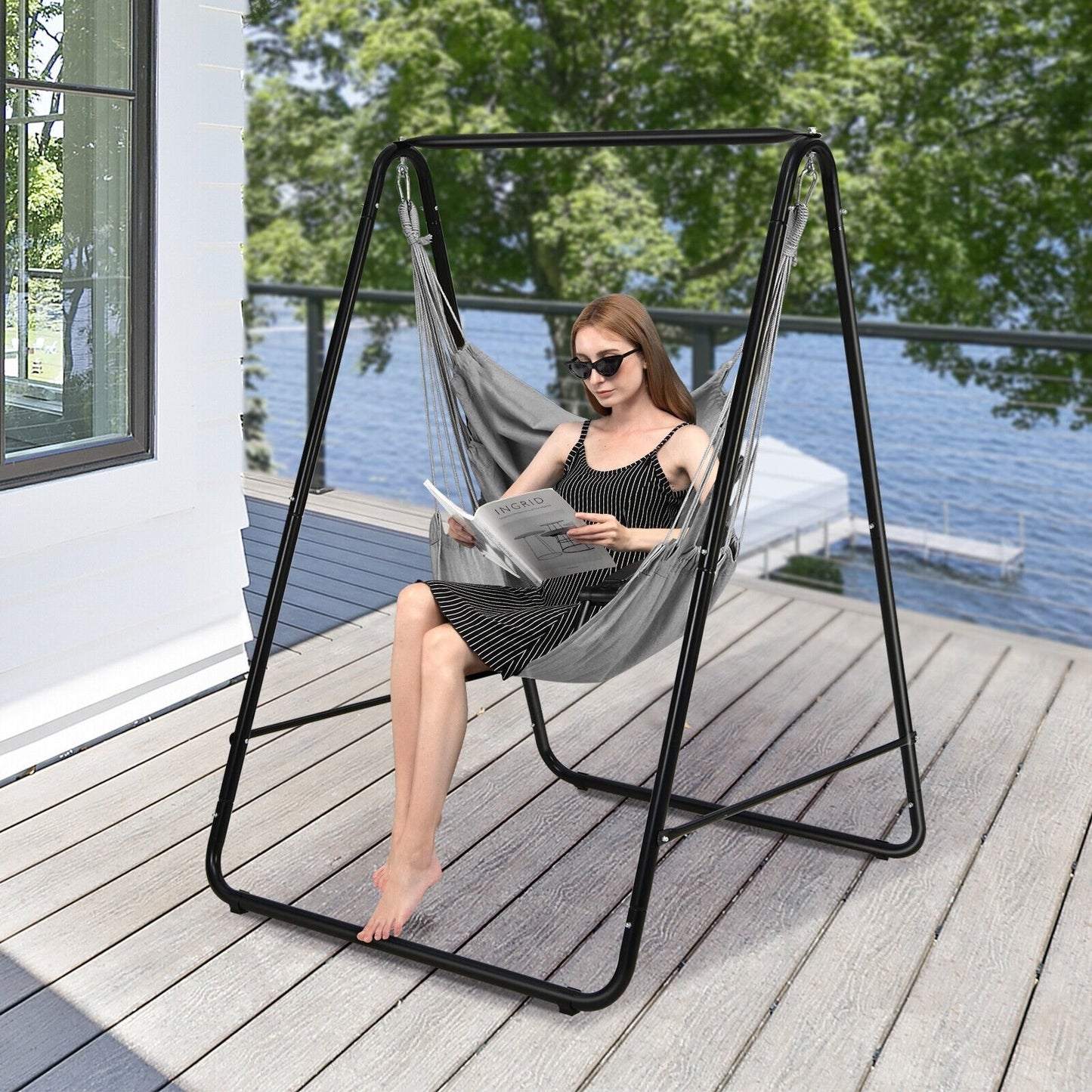 Hanging Padded Hammock Chair with Stand and Heavy Duty Steel, Gray at Gallery Canada