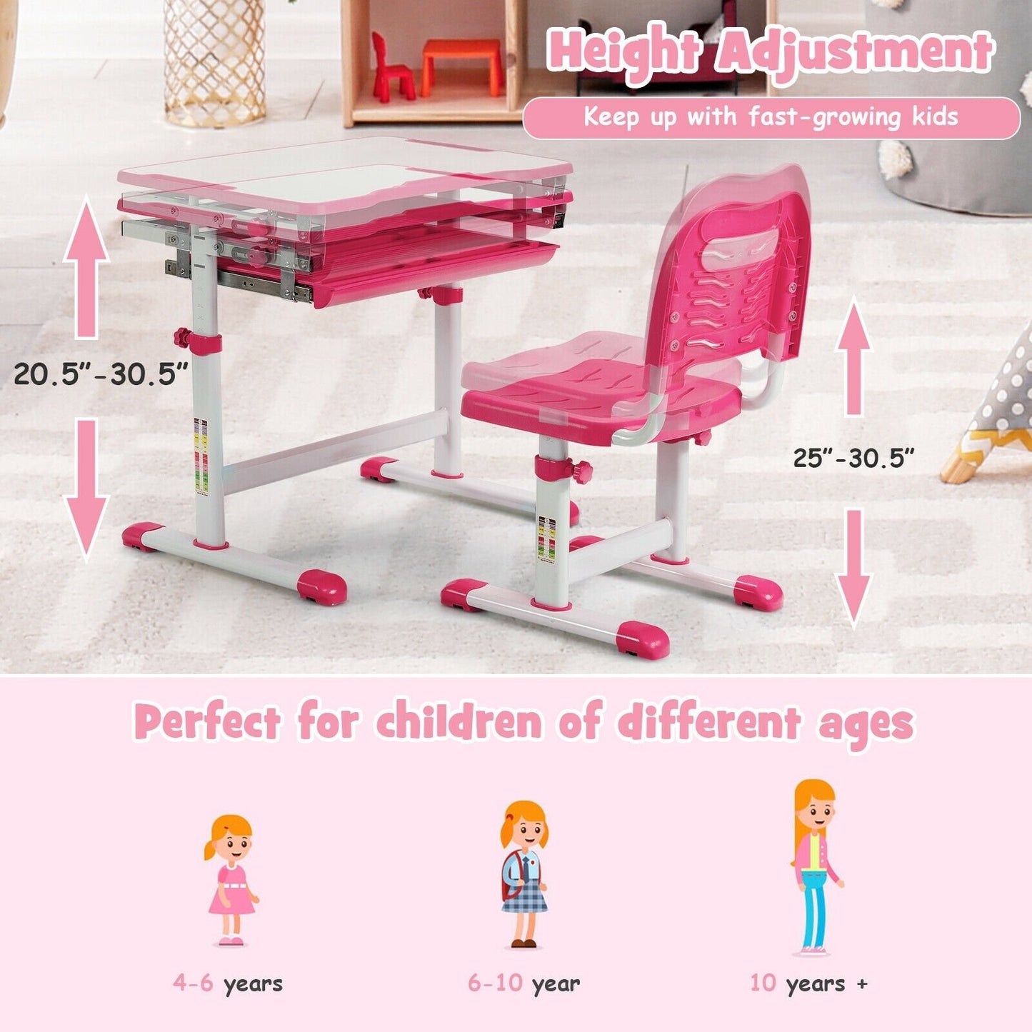 Kids Height Adjustable Desk and Chair Set with Tilted Tabletop and Drawer, Pink at Gallery Canada