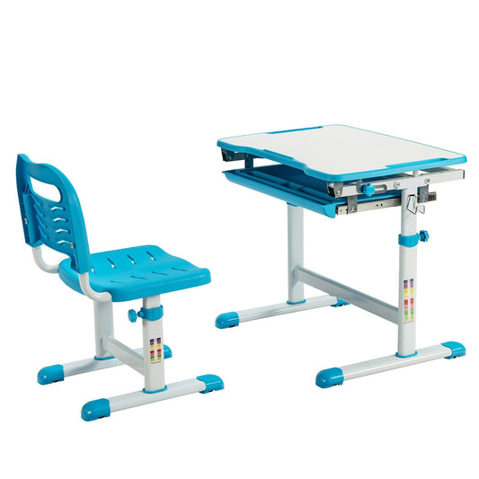 Kids Height Adjustable Desk and Chair Set with Tilted Tabletop and Drawer, Blue