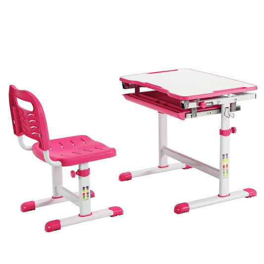 Kids Height Adjustable Desk and Chair Set with Tilted Tabletop and Drawer, Pink