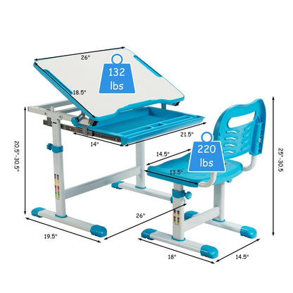 Kids Height Adjustable Desk and Chair Set with Tilted Tabletop and Drawer, Blue at Gallery Canada