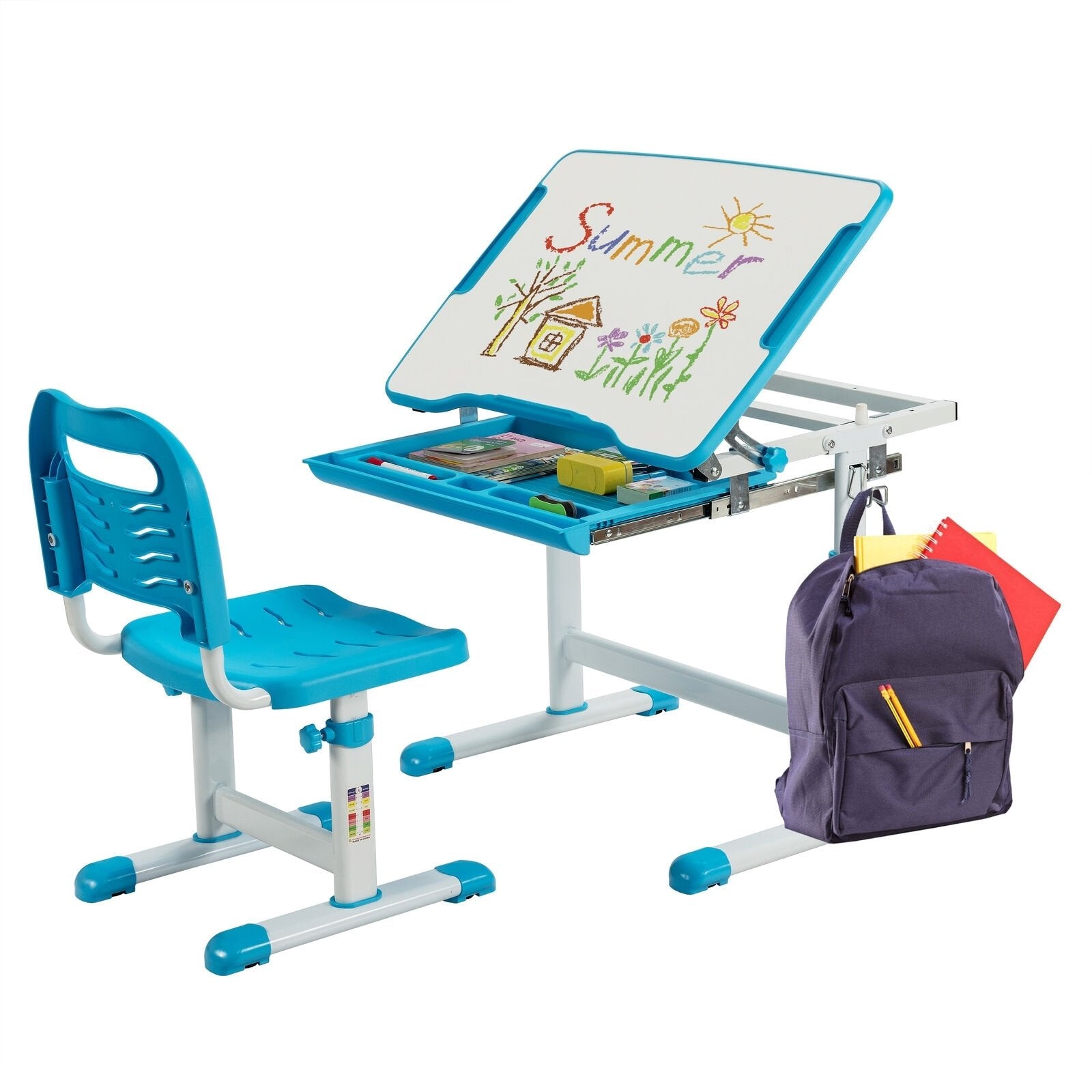 Kids Height Adjustable Desk and Chair Set with Tilted Tabletop and Drawer, Blue at Gallery Canada