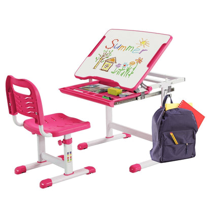 Kids Height Adjustable Desk and Chair Set with Tilted Tabletop and Drawer, Pink at Gallery Canada