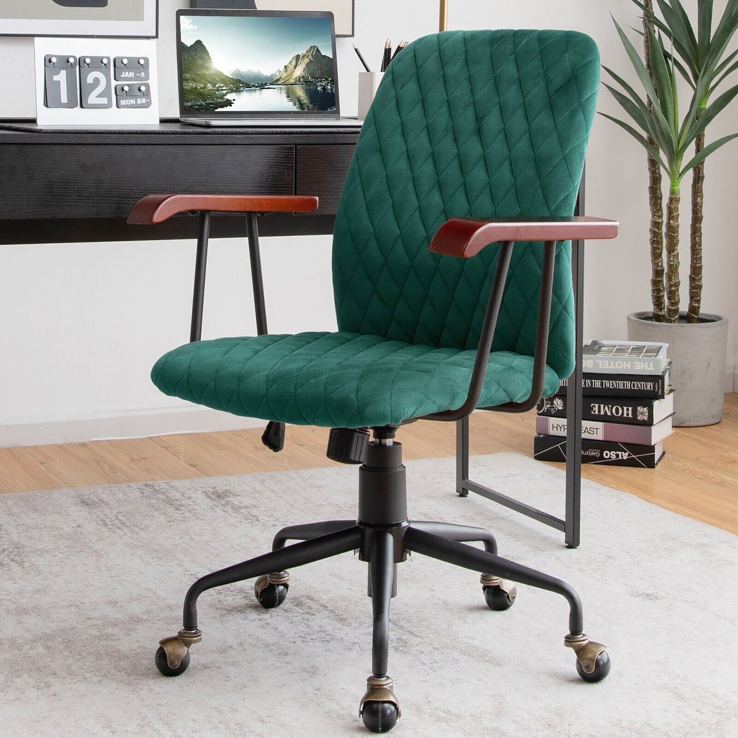 Velvet Home Office Chair with Wooden Armrest, Green at Gallery Canada