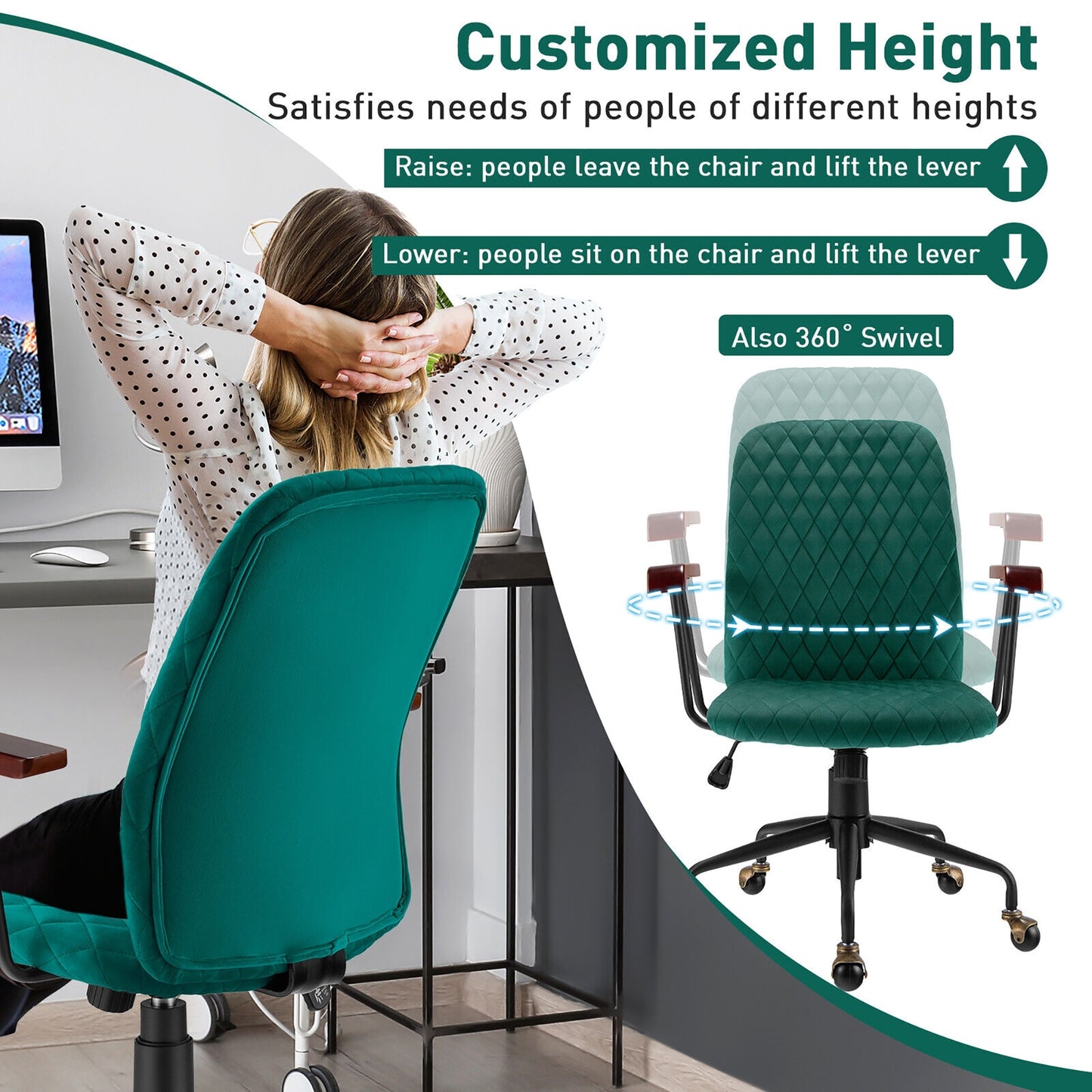 Velvet Office Chair With Wooden Armrest, Green Leisure Chairs at Gallery Canada