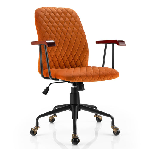 Velvet Home Office Chair with Wooden Armrest Orange, Orange