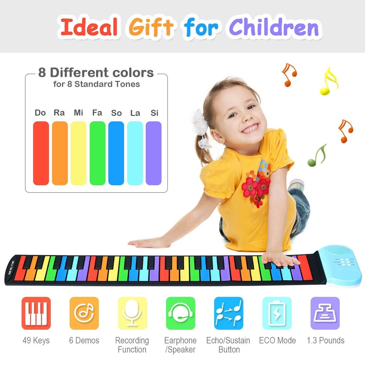 49-Key Roll-up Piano with Support Earphones, Multicolor