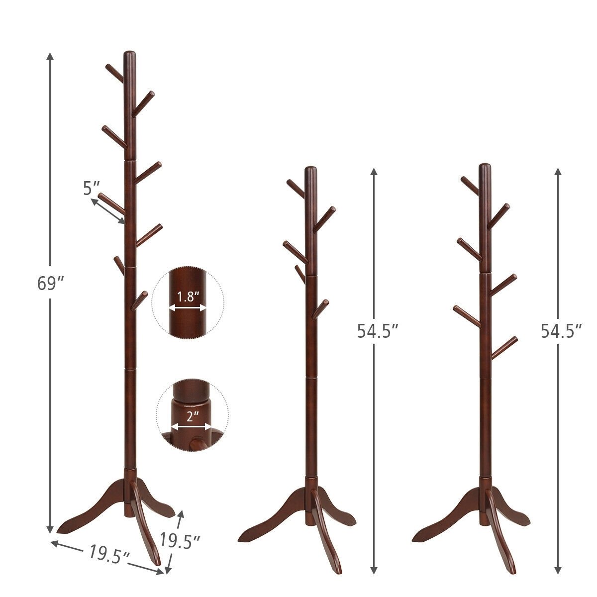 Adjustable Wooden Tree Coat Rack with 8 Hooks, Brown