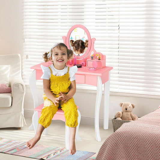 Kids Vanity Princess Makeup Dressing Table Stool Set with Mirror and Drawer, Pink Kids Vanities Pink at Gallery Canada