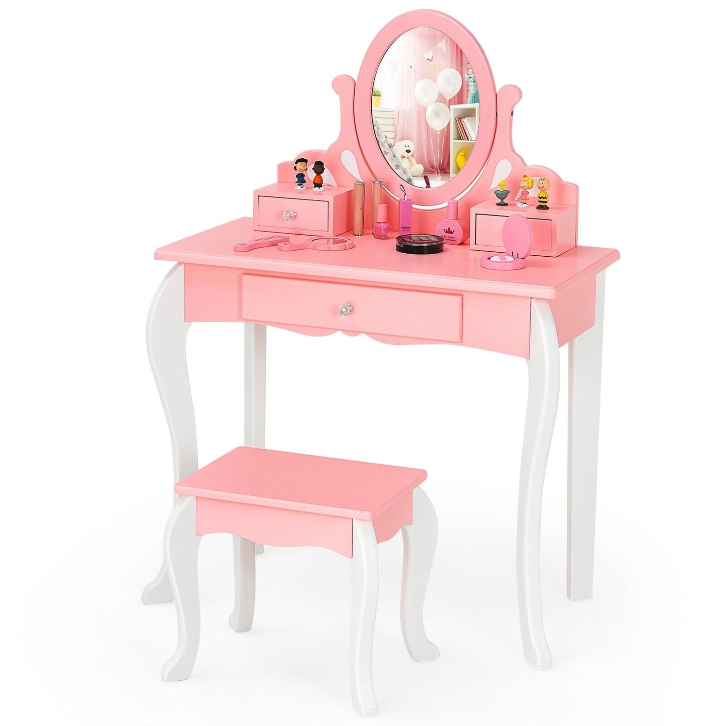 Kids Vanity Princess Makeup Dressing Table Stool Set with Mirror and Drawer, Pink