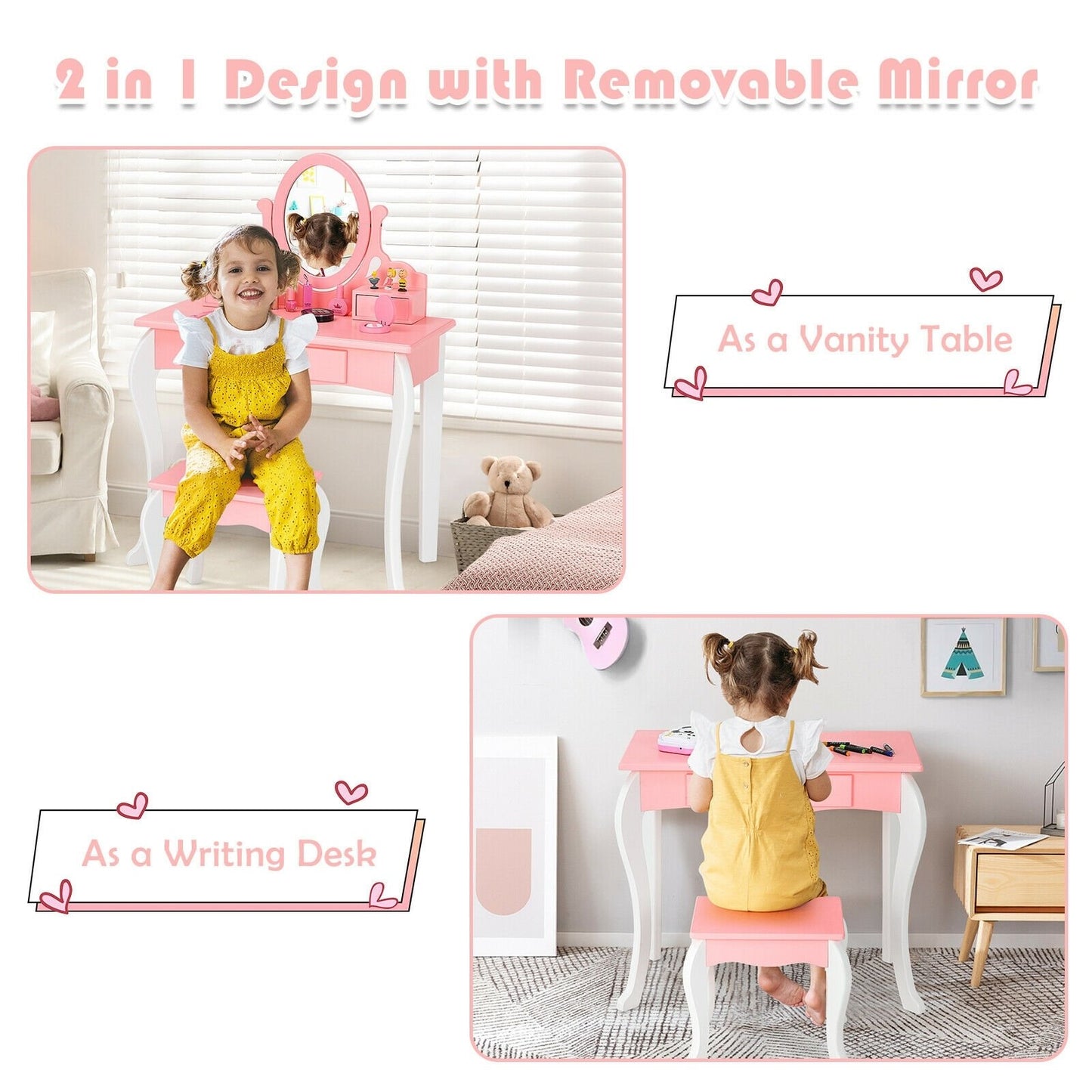 Kids Vanity Princess Makeup Dressing Table Stool Set with Mirror and Drawer, Pink