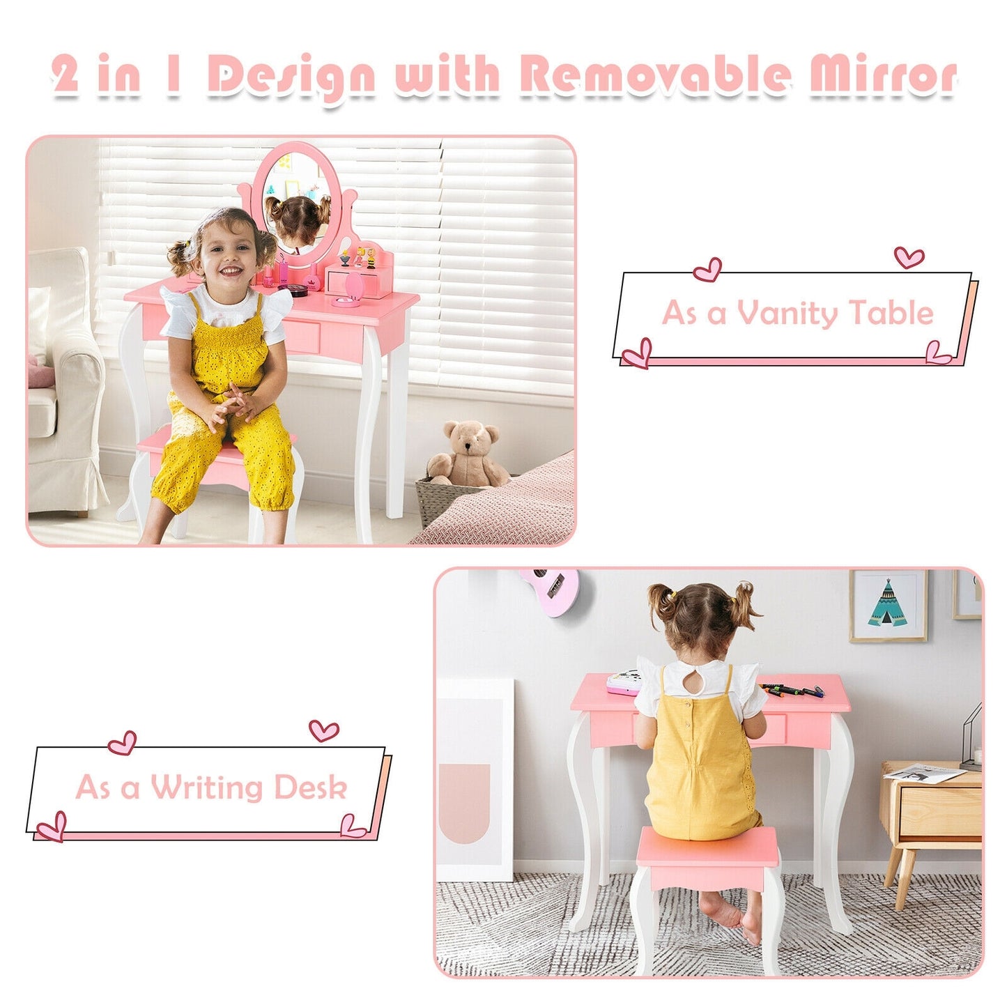 Kids Vanity Princess Makeup Dressing Table Stool Set with Mirror and Drawer, Pink Kids Vanities at Gallery Canada