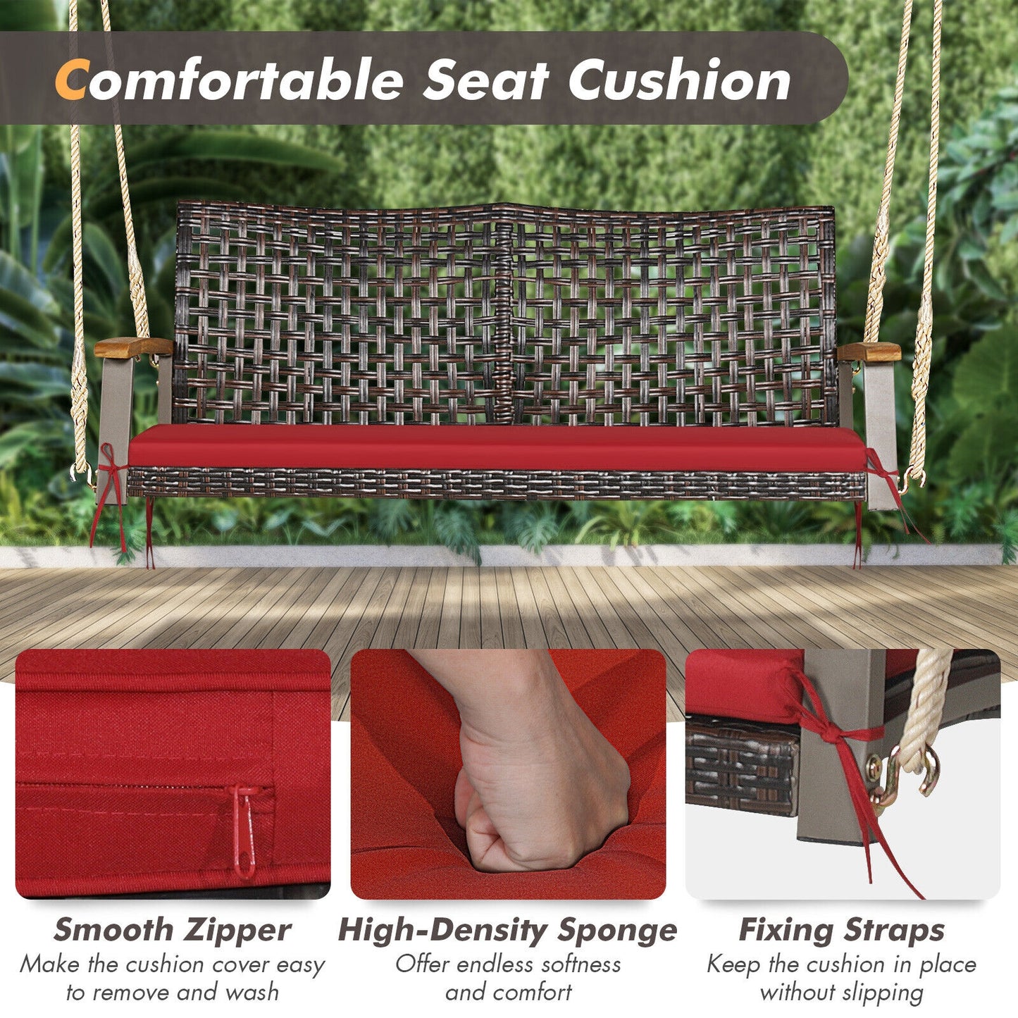 2-Person Rattan Hanging Porch Swing Chair, Red Porch Swings at Gallery Canada