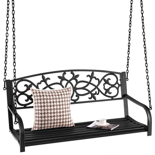 2-Person Outdoor Porch Metal Hanging Swing Chair with Sturdy Chains, Black