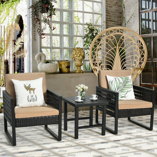 3 Pieces Patio Rattan Bistro Cushioned Furniture Set, Brown